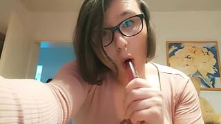 Teen Amateur Tranny Anallisa alone at home - she sucks dildo, lick her cum and fucks her pussy with no mercy while looking cute and screamig loud all over the house - shes wearing penis cage and uses some of her other toys