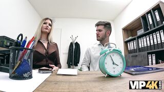 VIP4K. Czech slut wife is showing off her big boobs in the bank while her hubby watching