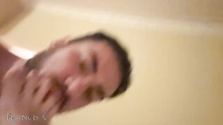 Blonde friend sucks my cock in the elevator and gets fucked hard in the hotel room