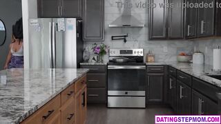 Mature stepmom MILF with huge tits fucks stepson in the kitchen